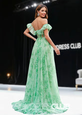 Jean | A Line Green Floral Long Prom Dress - Green Floral - PromDressClub